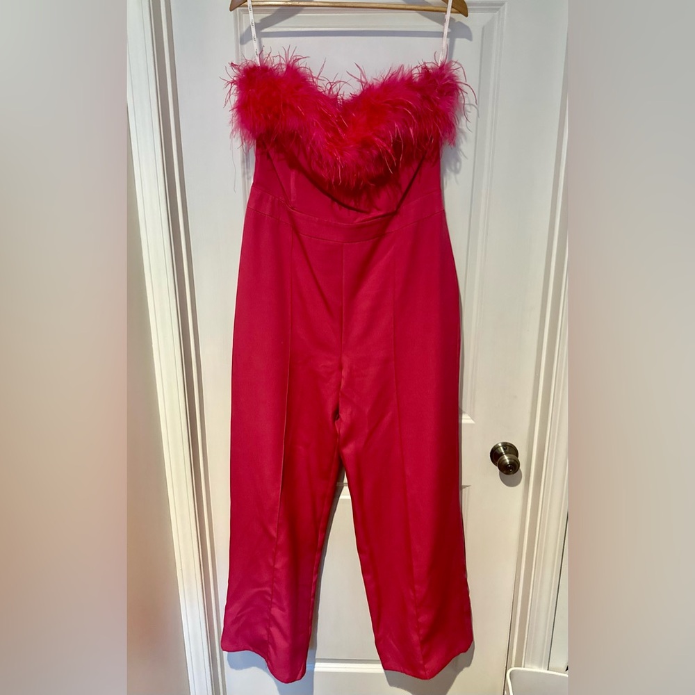 Elegant Pink Jumpsuit with Feather Detail